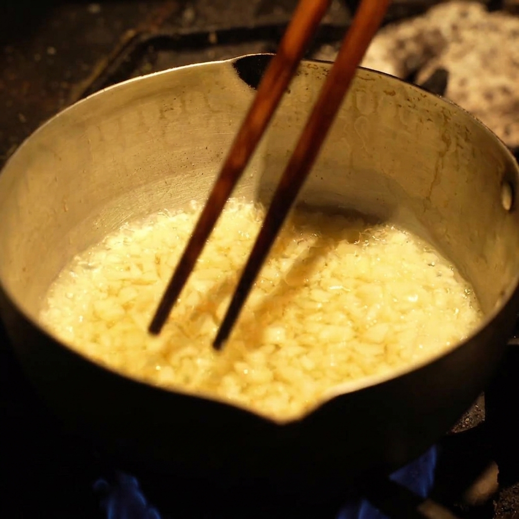 Pezzetti di aglio che friggono e creano bollicine nellolio caldo allinterno di un pentolino.
