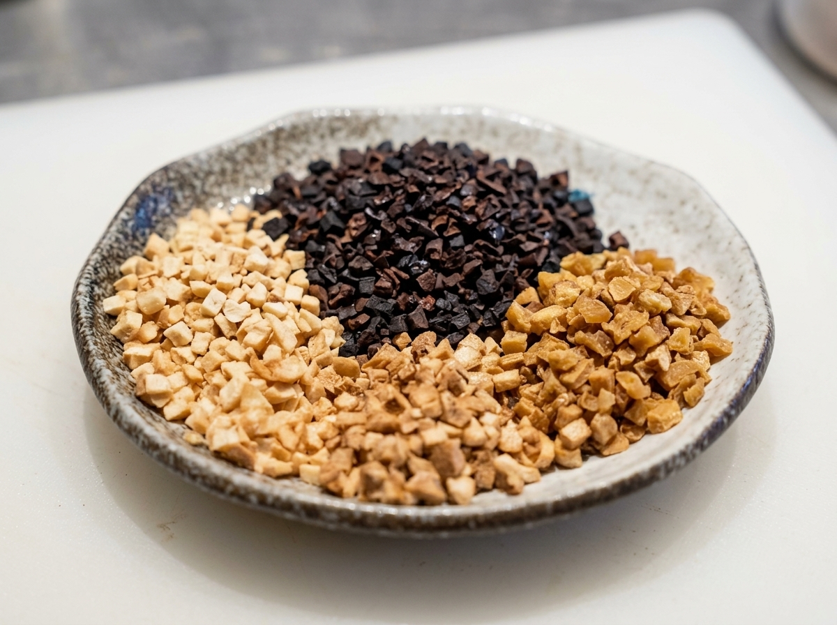 Un piatto con quattro mucchietti di aglio tritato di colori diversi, dalloro pallido al nero intenso.