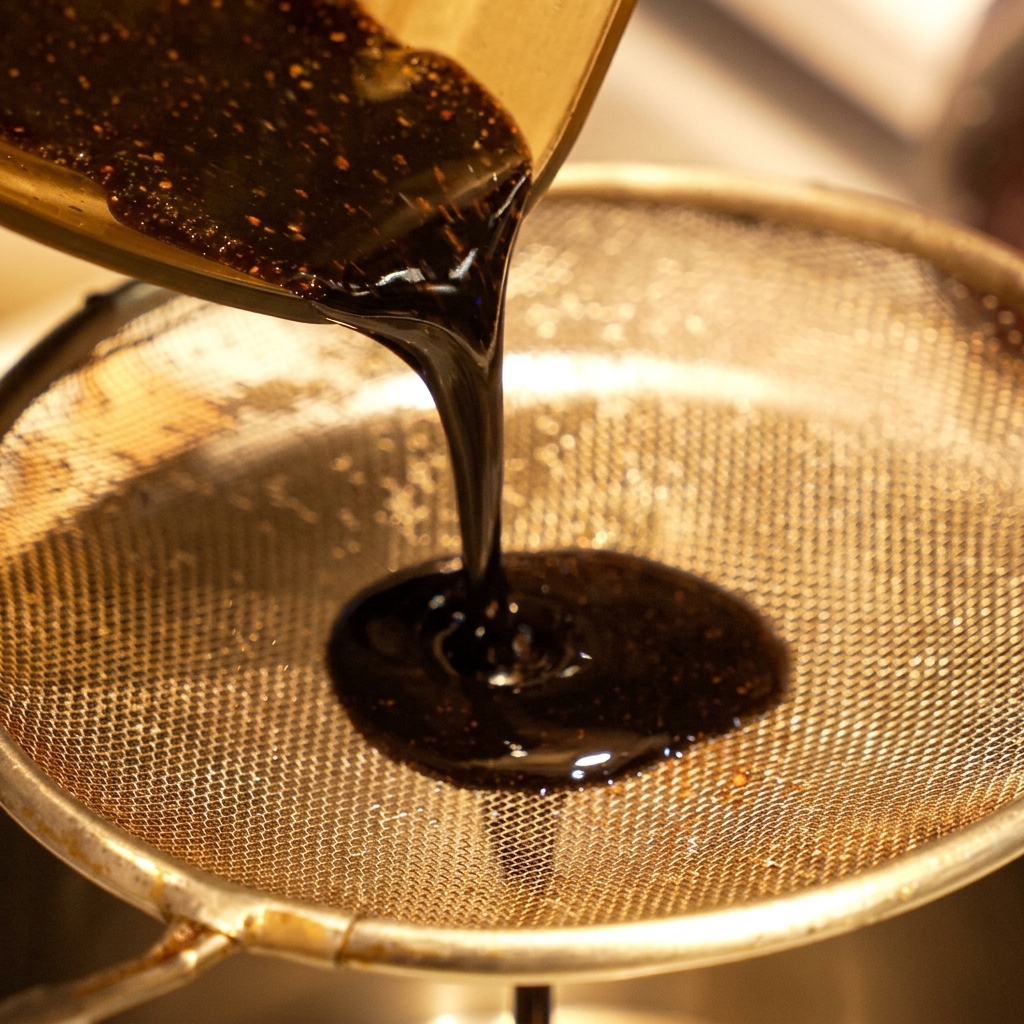 Olio allaglio nero denso versato attraverso un colino a maglia fine per eliminare i residui solidi.