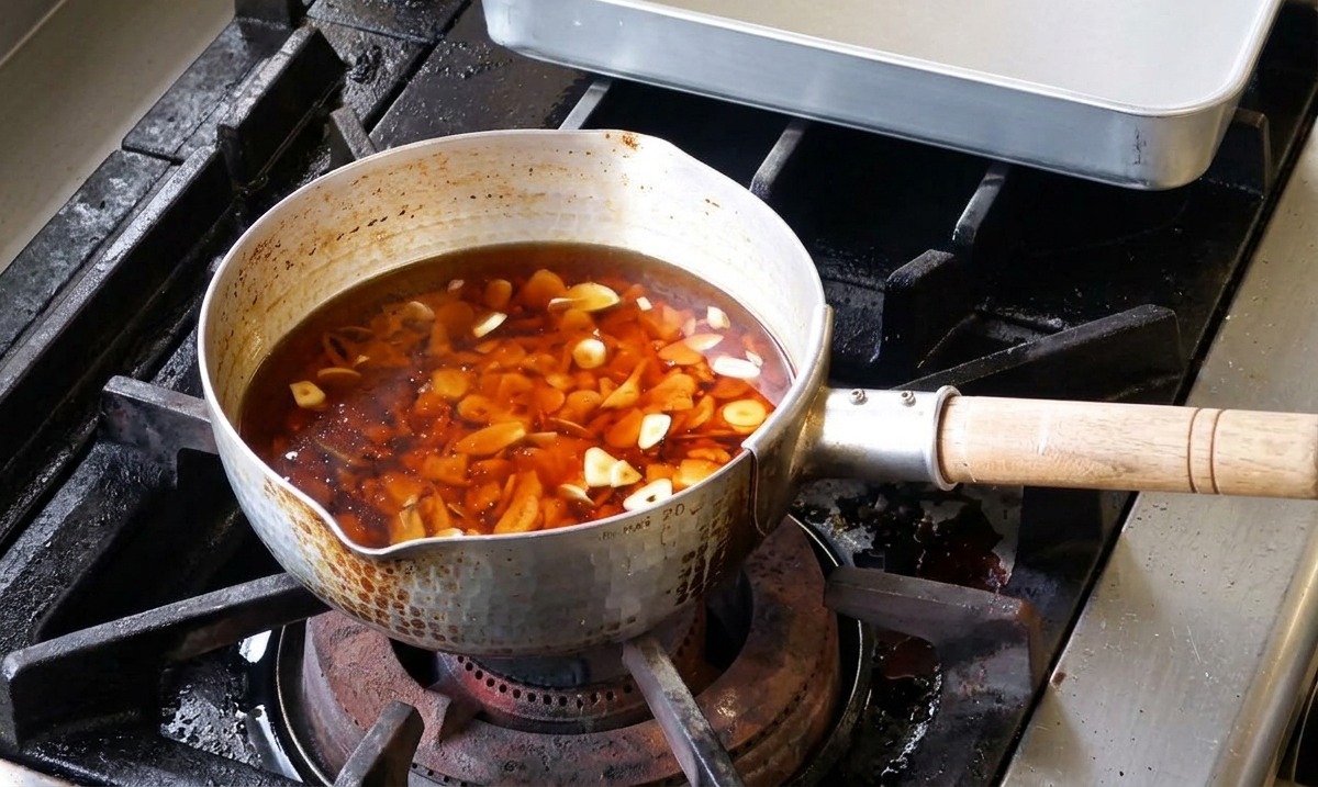 Aglio crudo a fette in una miscela di olio freddo allinterno di un pentolino sul fuoco.