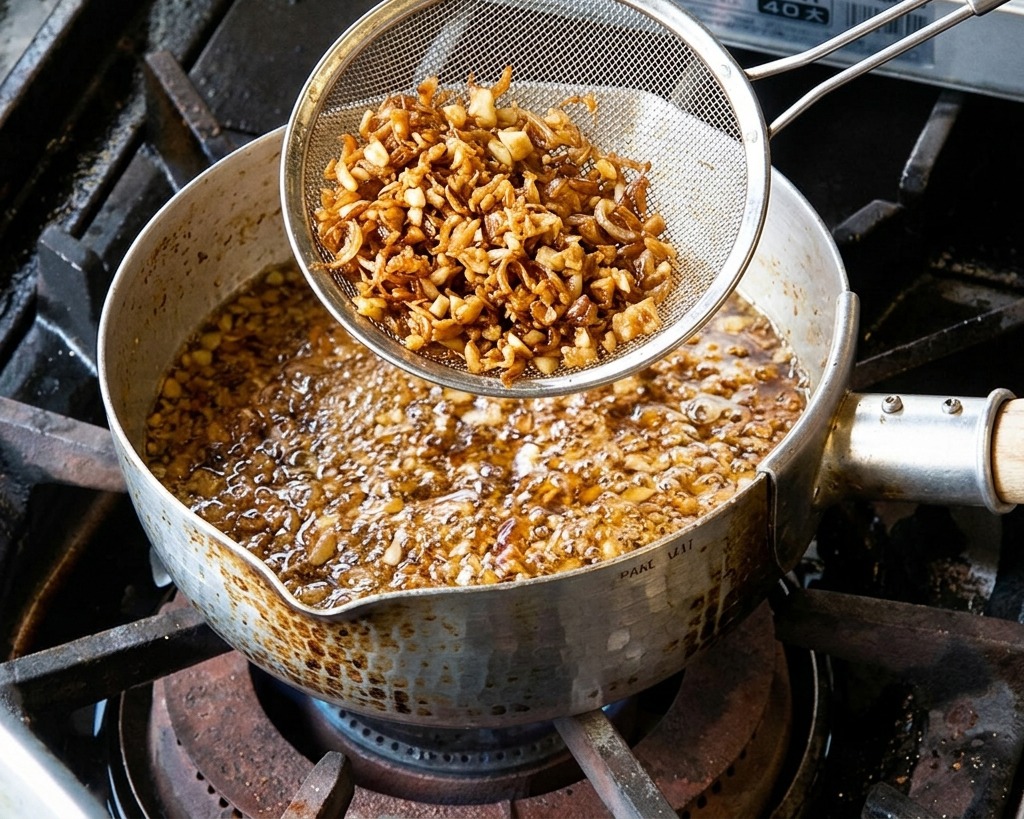 Una schiumarola con fette daglio profondamente tostate e quasi nere sopra una pentola di olio bollente.