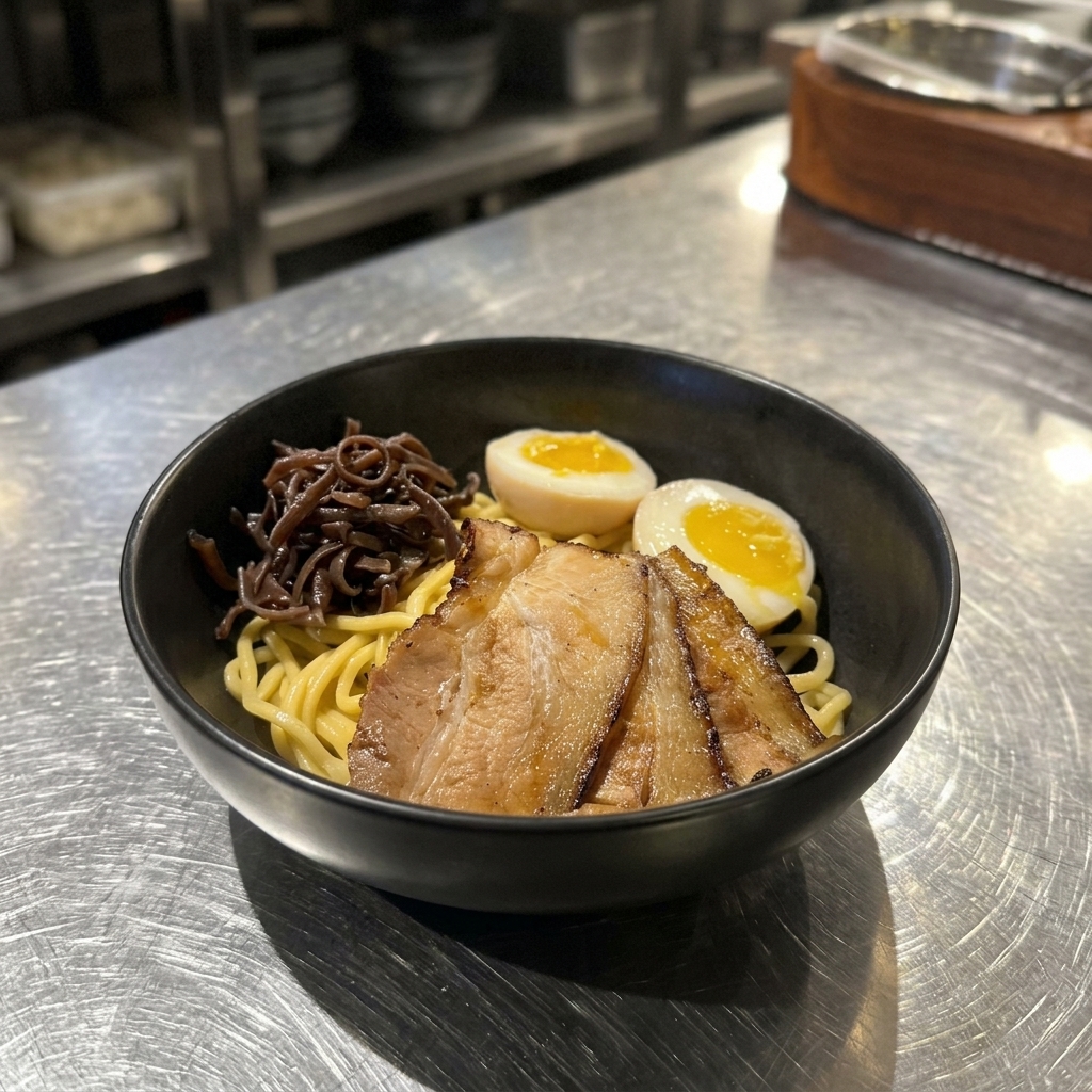 Una ciotola di mazesoba guarnita con chashu, uova e striscioline di funghi orecchie di Giuda.