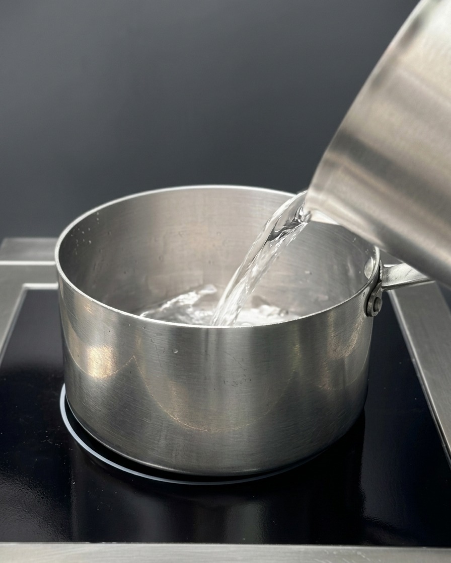 Acqua fredda versata da una brocca di metallo in una pentola su un piano a induzione nero.