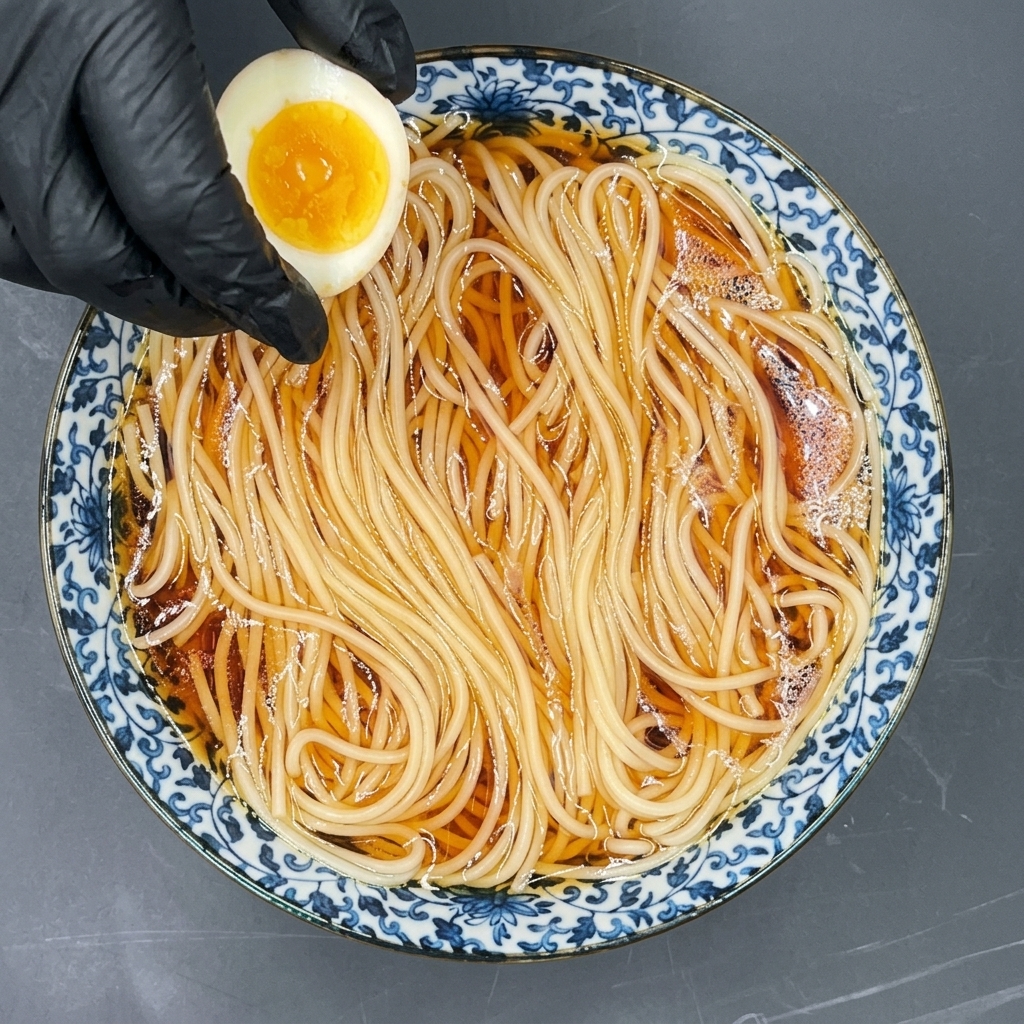 Una mano guantata che appoggia mezzo uovo barzotto su una ciotola di ramen.