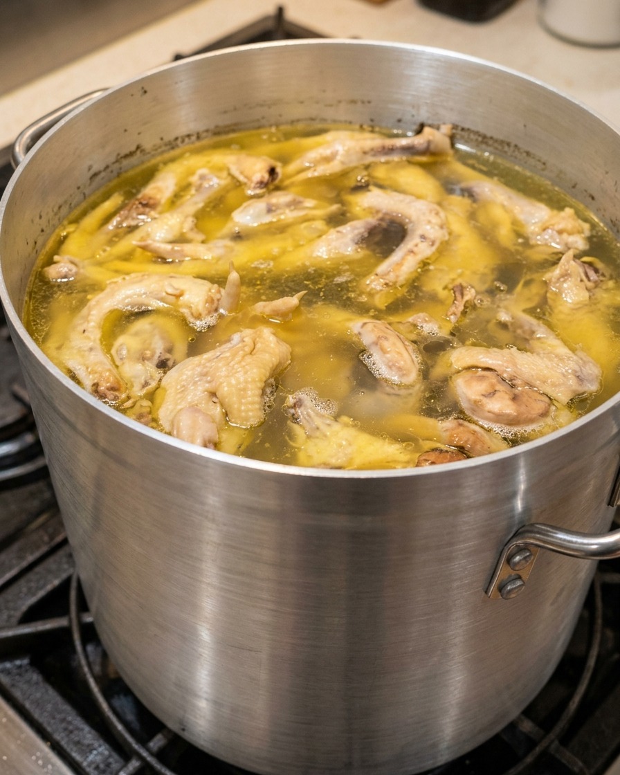 Ossa di pollo e maiale che bollono in una grande pentola con impurità che affiorano sulla superficie del brodo giallastro.