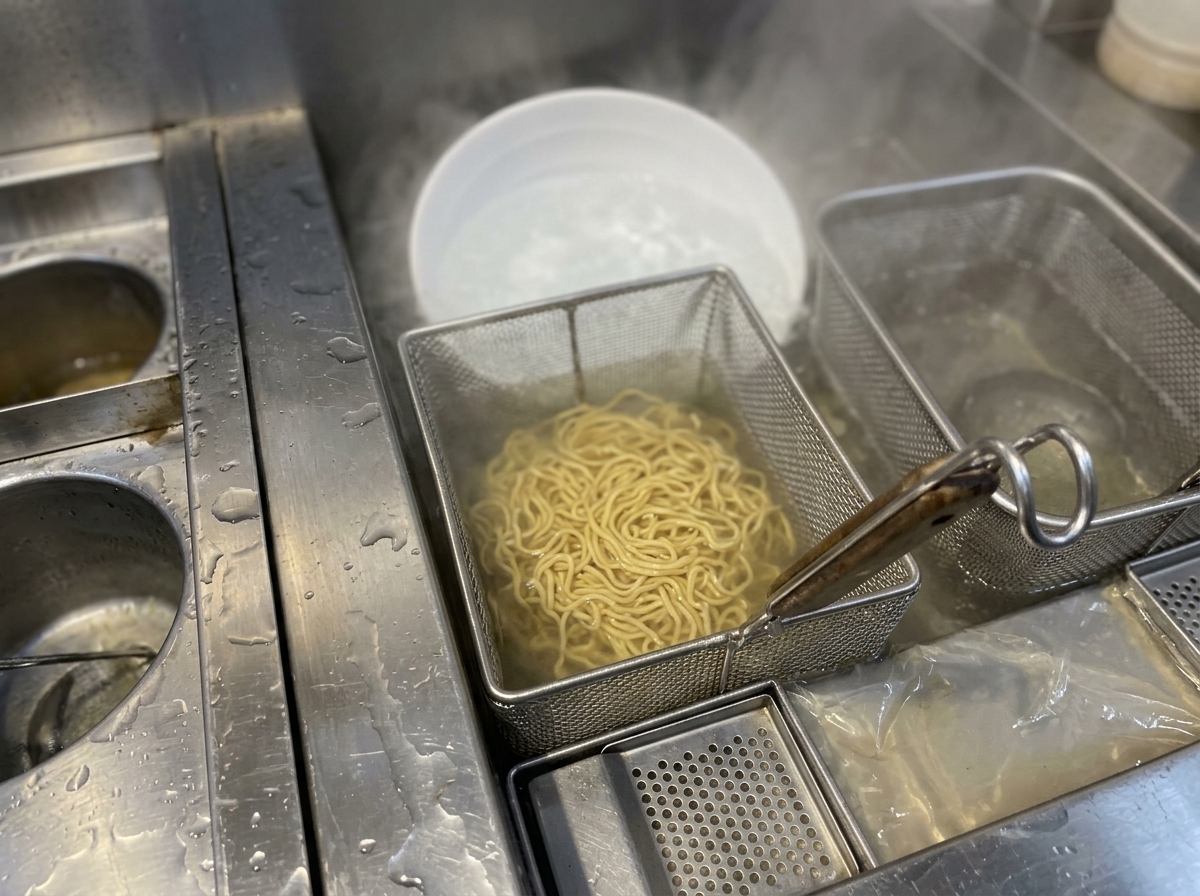 Noodles spessi e gialli per ramen in piena ebollizione allinterno di un cestello quadrato di rete metallica immerso in acqua calda.