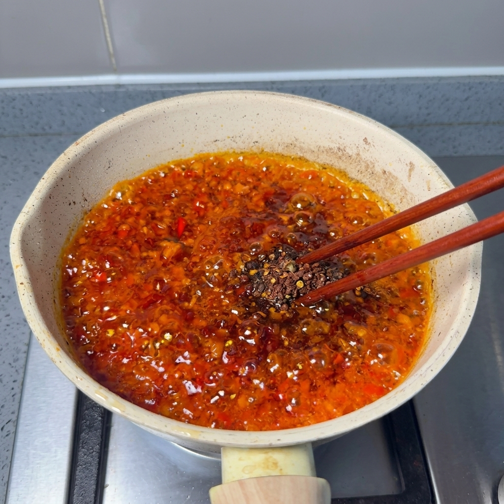 Bacchette di legno che mescolano una pasta di peperoncino densa e rosso scuro.