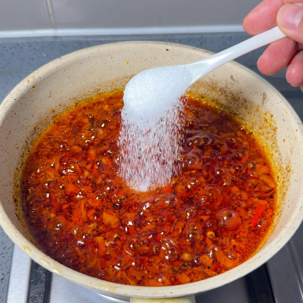 Zucchero semolato bianco versato sopra la pasta di peperoncino rossa.
