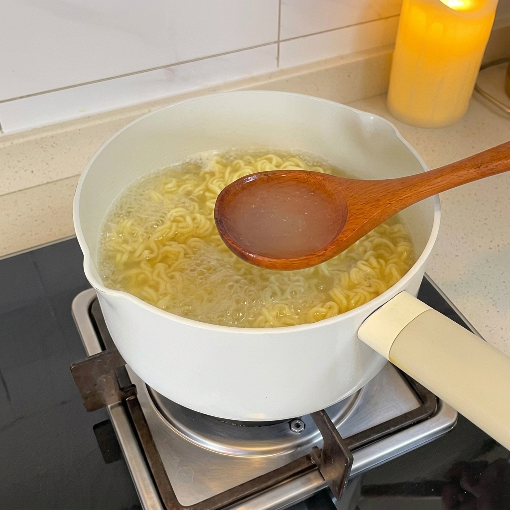Un cucchiaio di legno che preleva lacqua torbida e calda dalla pentola dei noodles.