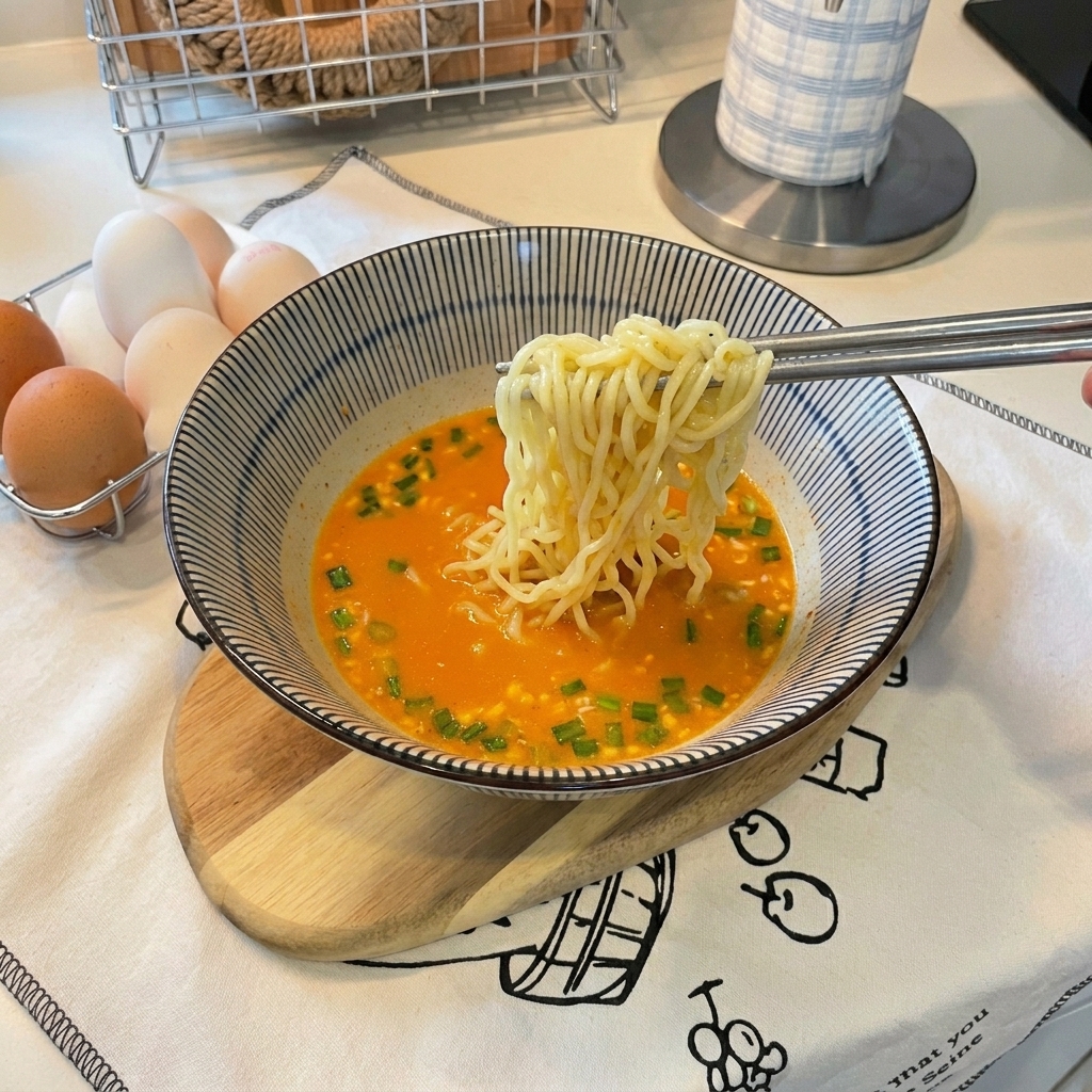 Bacchette dargento che sollevano i noodles e li immergono nel brodo cremoso arancione.
