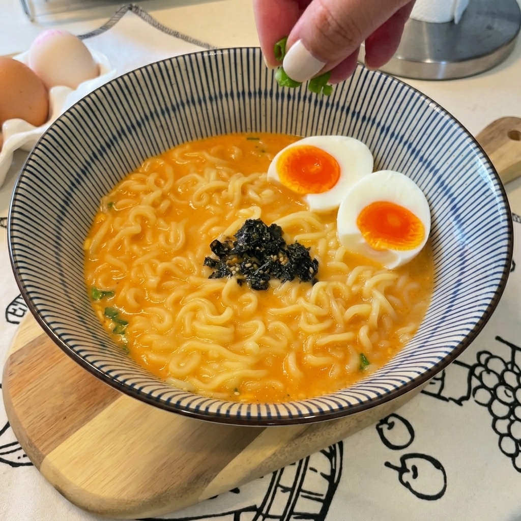 Una mano che cosparge cipollotto tritato sopra un ramen già decorato con uova e alghe.