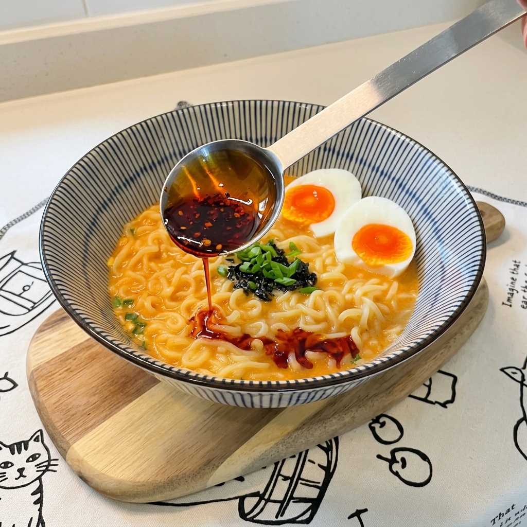 Un cucchiaio di metallo che versa olio piccante rosso sopra il ramen cremoso guarnito.