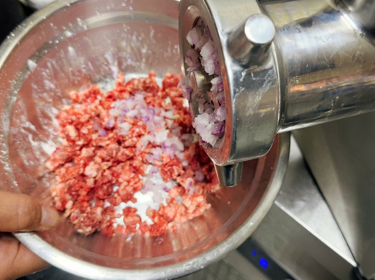 Cipolle rosse appena macinate che cadono da un tritacarne direttamente nella ciotola con la carne cruda.