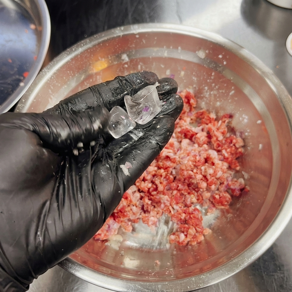 Due cubetti di ghiaccio trasparenti tenuti sopra la ciotola con limpasto dellhamburger.