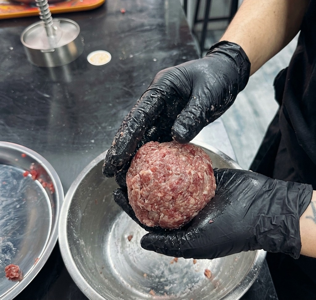 Una palla di impasto di manzo lanciata tra due mani con guanti in nitrile nero.