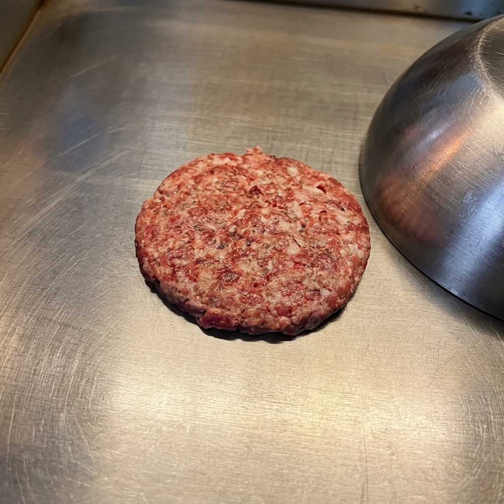 Hamburger che rosola sulla piastra con una campana di metallo pronta per coprirlo.