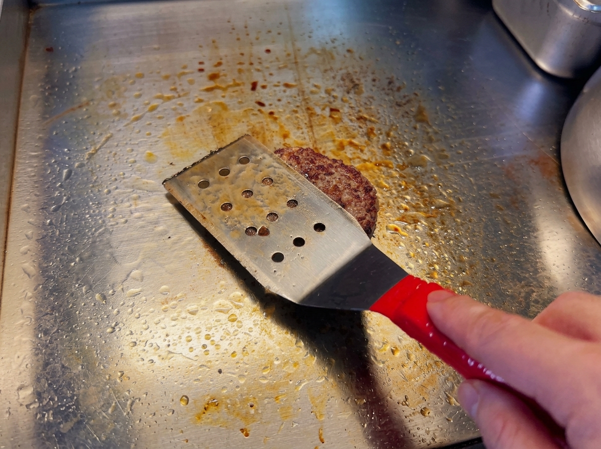 Spatola che preme leggermente su un hamburger sfrigolante sulla piastra calda.
