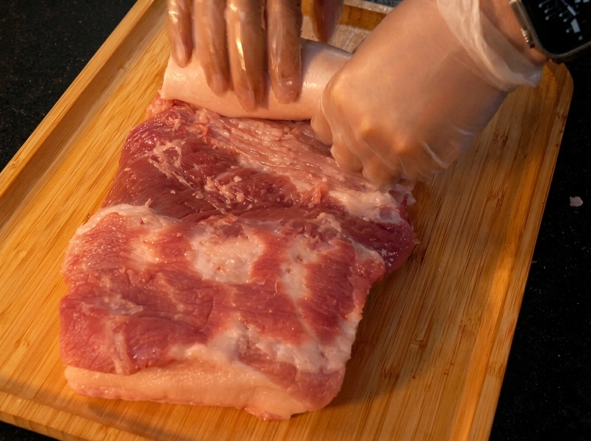 Mani con i guanti che arrotolano saldamente un grande rettangolo di pancetta di maiale cruda su un tagliere di bambù.
