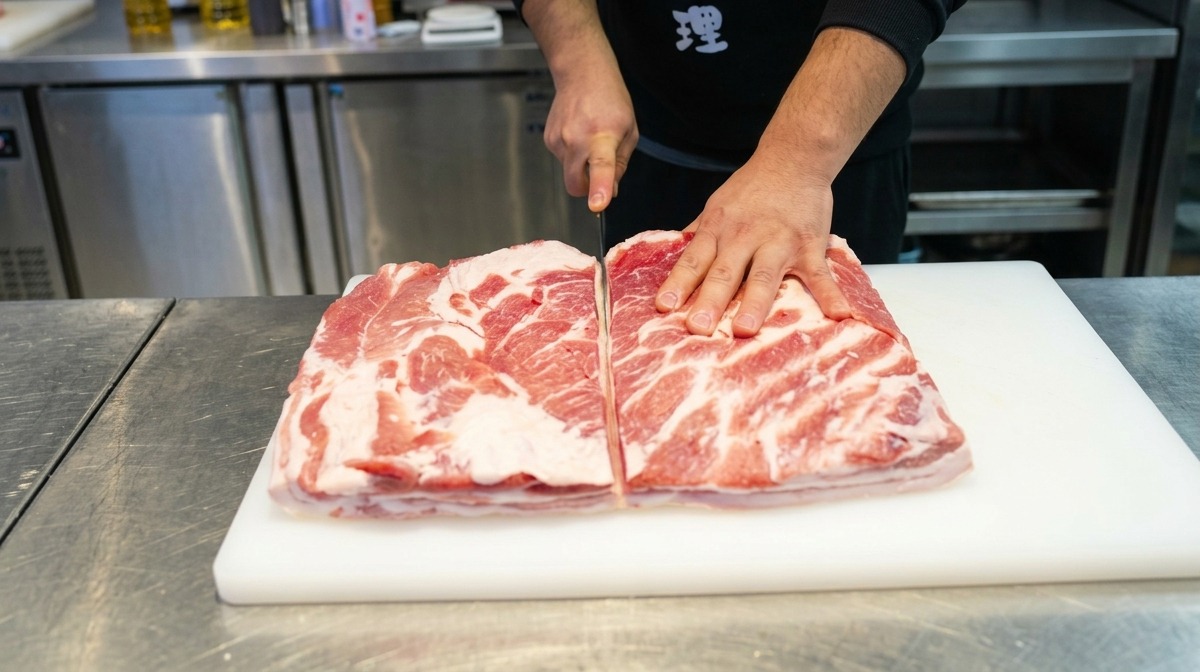 Mani che tagliano a metà una larga lastra di pancetta di maiale con un coltello grande.