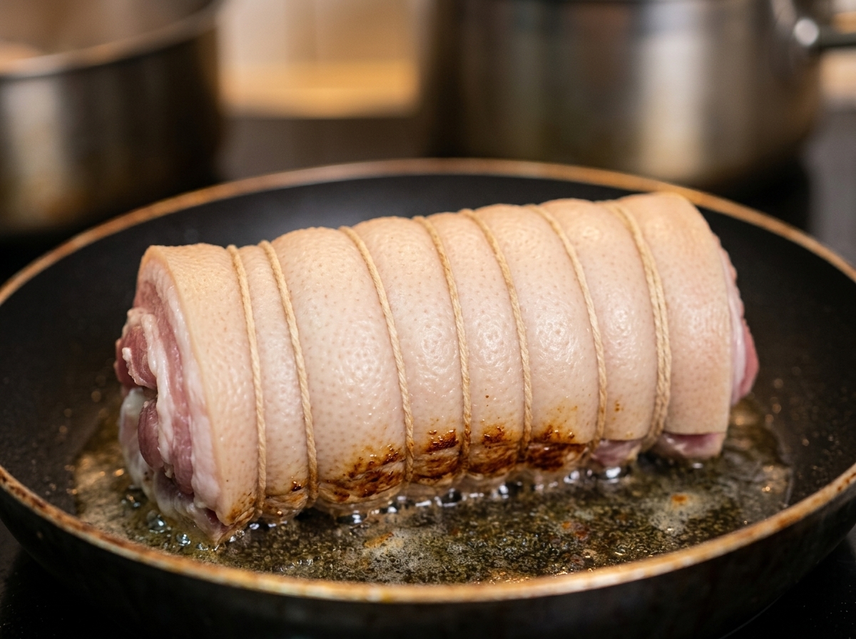 Un rotolo di maiale legato che rosola in una padella calda con il grasso naturale che sfrigola.
