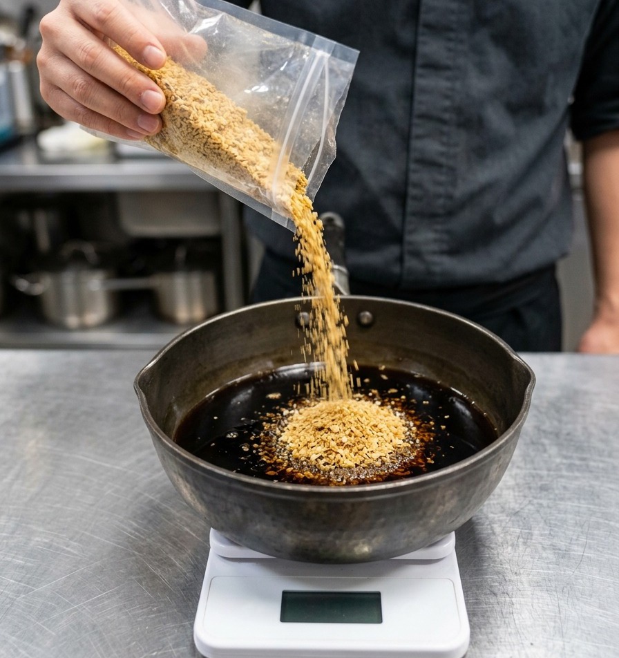 Mano che versa fiocchi di katsuobushi da un sacchetto in una salsa scura che sobbolle in pentola.