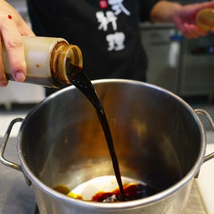 Uno chef che versa salsa di soia scura da una bottiglia in una grande pentola di metallo.
