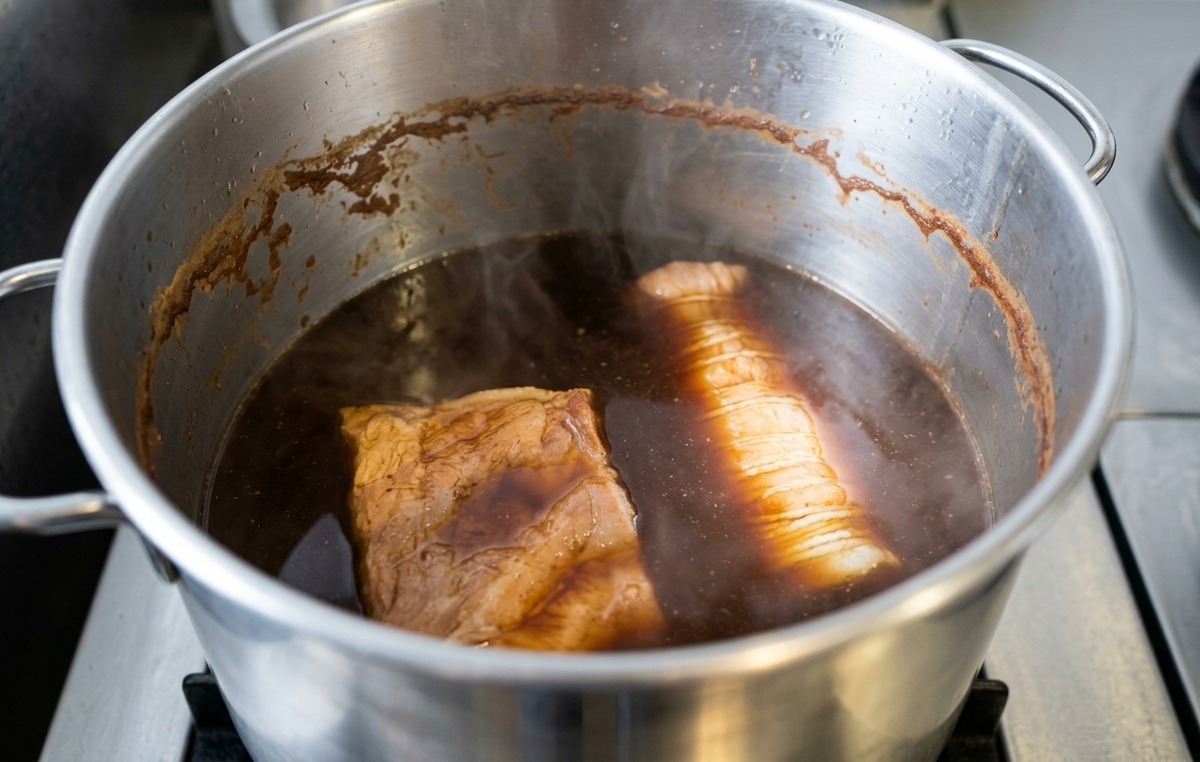 Pezzi di pancetta legati che sobbollono dolcemente in una pentola di marinata chashu ricca e scura.