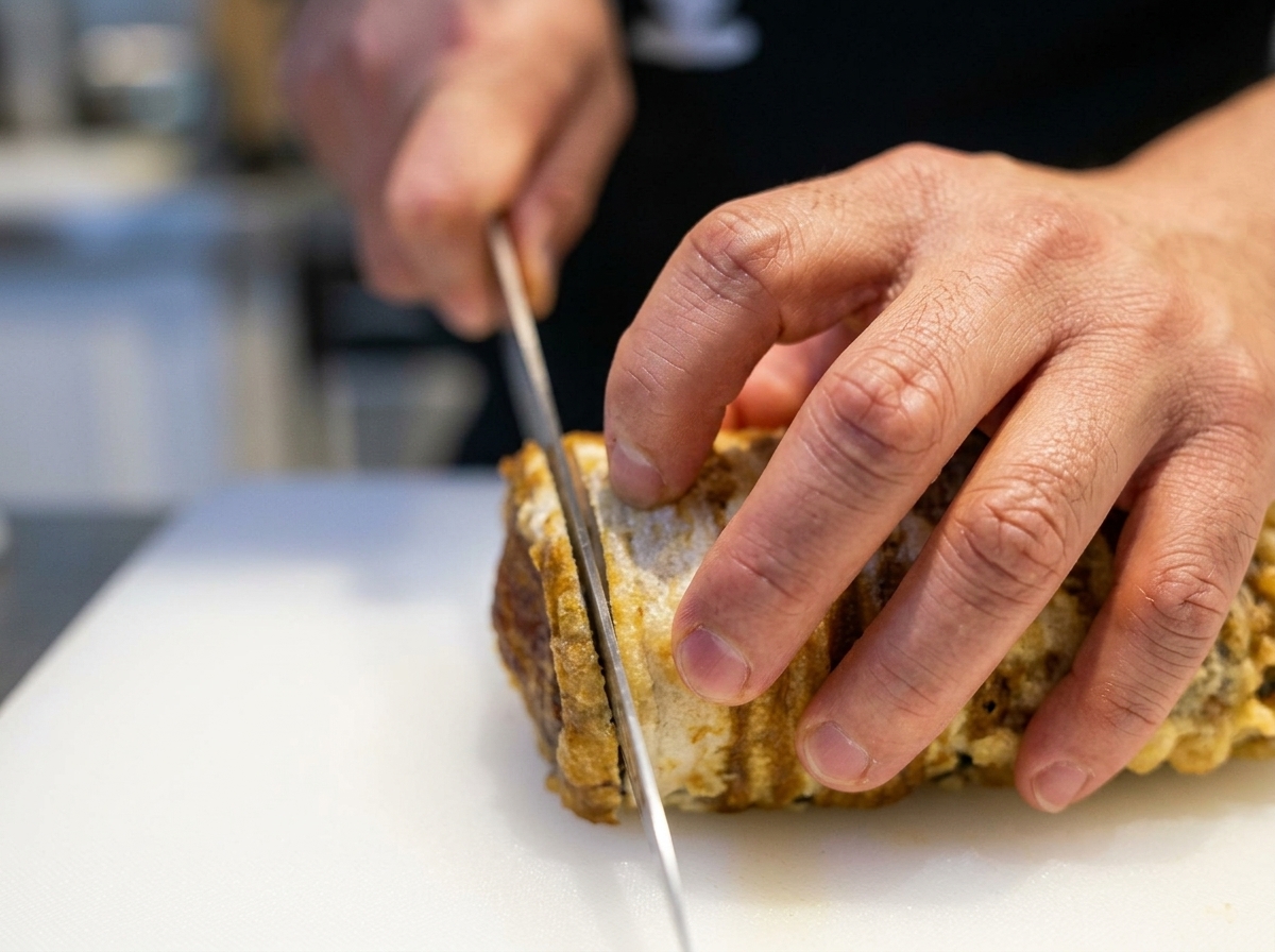 Mani che usano un coltello affilato per tagliare il rotolo di chashu in fette tonde su un tagliere bianco.