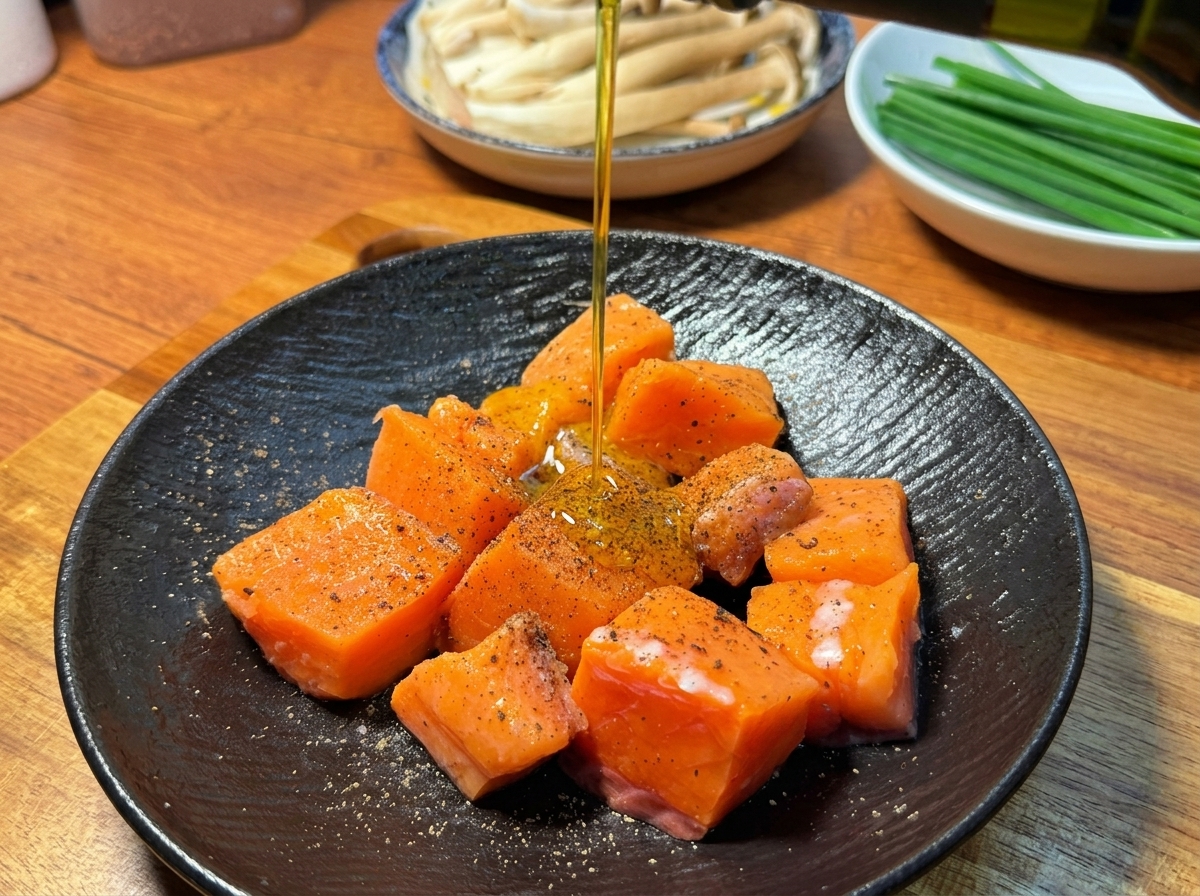 Un filo sottile di olio doliva versato sui cubetti di salmone conditi su un piatto nero.