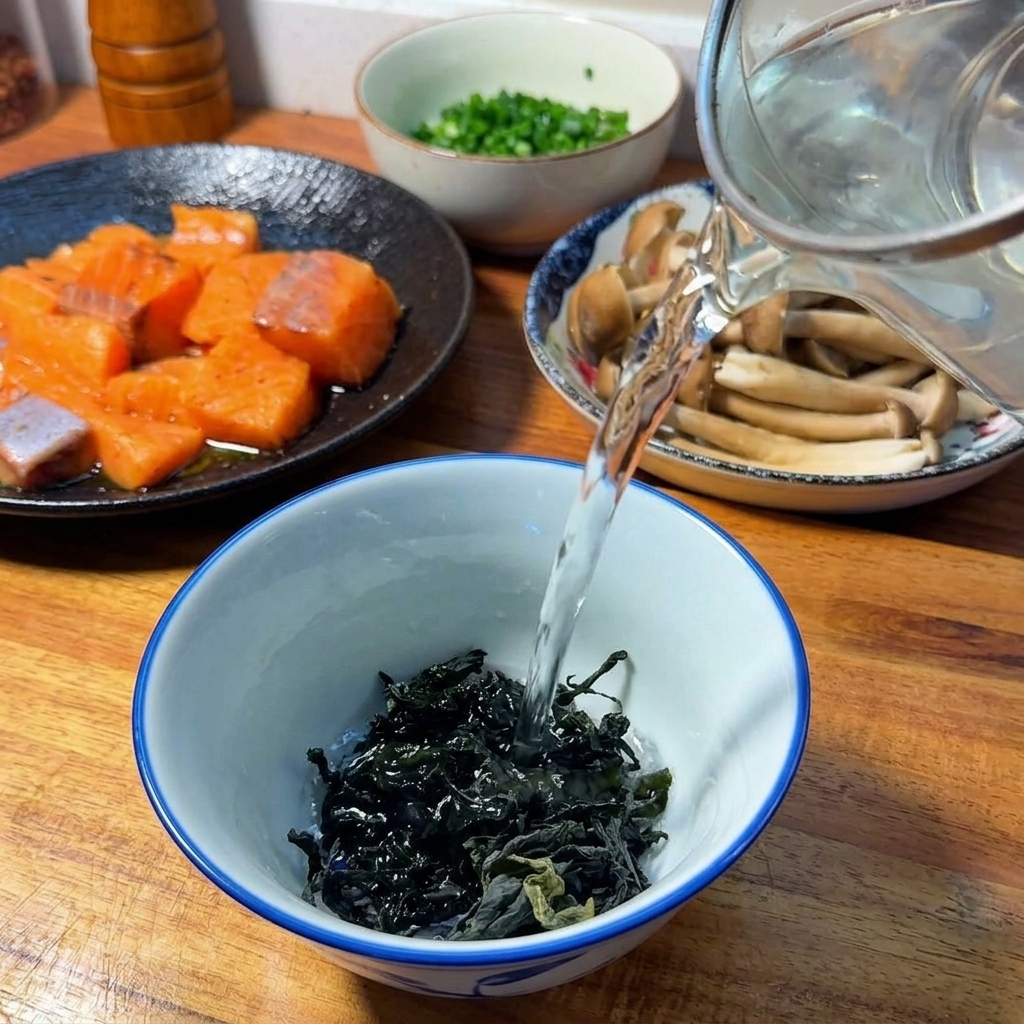 Acqua versata da una caraffa trasparente su alghe wakame essiccate in una ciotola bianca e blu.