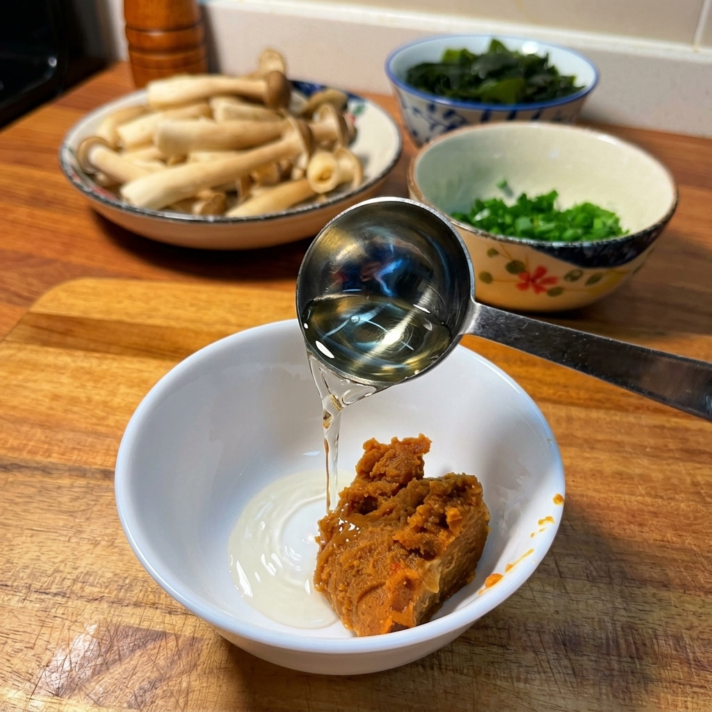 Condimento liquido versato in una ciotola bianca contenente pasta di miso e peperoncino coreano.