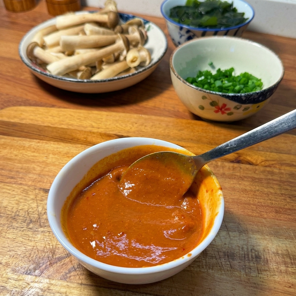Una salsa piccante al miso, liscia e rosso scuro, in una ciotolina con un cucchiaio.