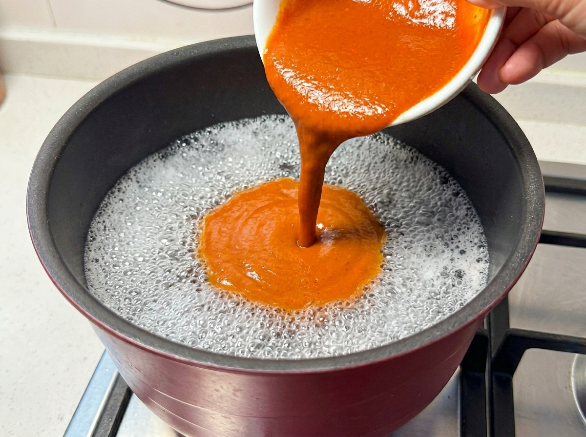 Salsa rossa piccante al miso versata in una pentola dacqua che bolle vigorosamente.
