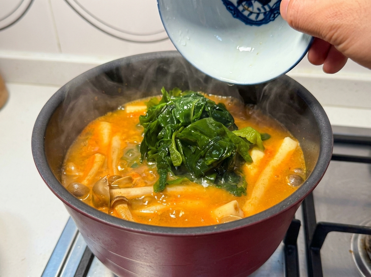 Una mano che aggiunge alghe wakame reidratate in una pentola di brodo con funghi.