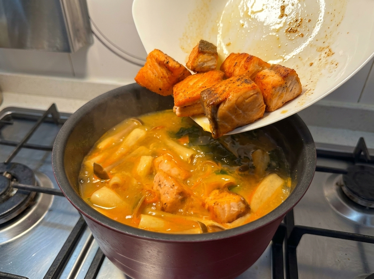 Pezzi di salmone dorati che scivolano da un piatto bianco in una pentola di zuppa al miso bollente.