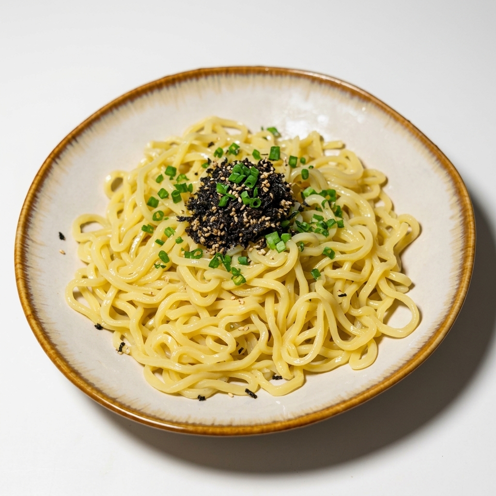 Piatto di noodles decorato con alga nori e cipollotti.
