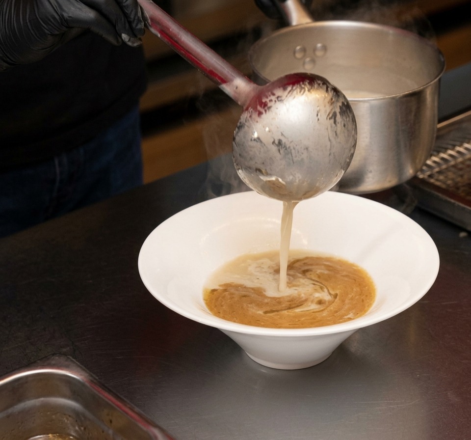 Brodo di maiale caldo e cremoso versato da un pentolino in una ciotola di ceramica bianca.