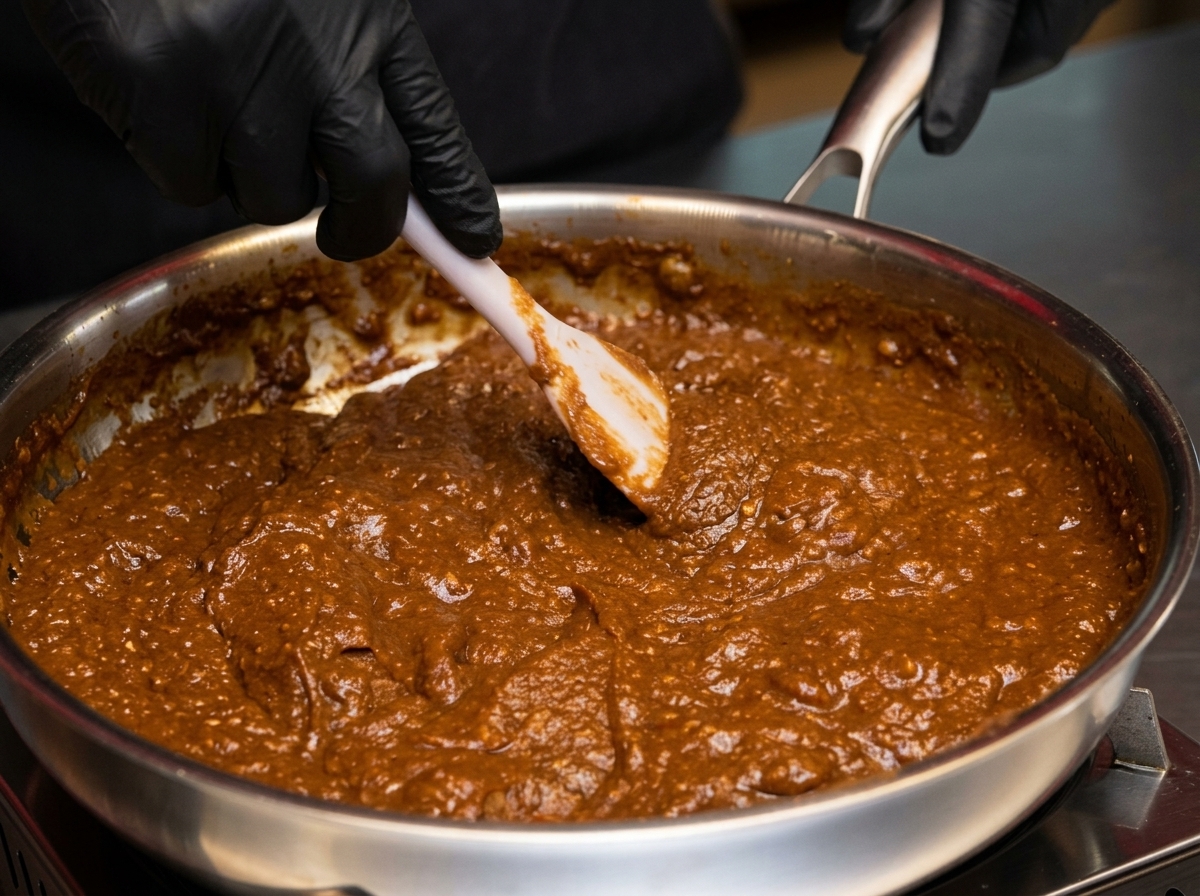 Pasta di miso densa e scura mescolata in una padella di acciaio con una spatola bianca.