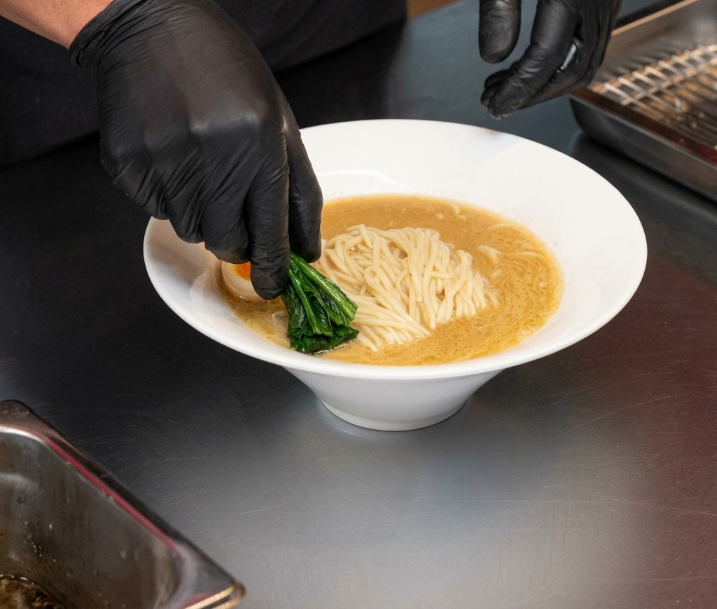 Mani con guanti neri che adagiano spinaci verdi brillanti in una ciotola di ramen.