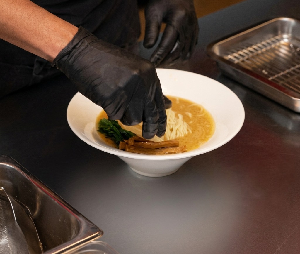 Mani che aggiungono germogli di bambù brasati in una ciotola di ramen accanto agli spinaci.
