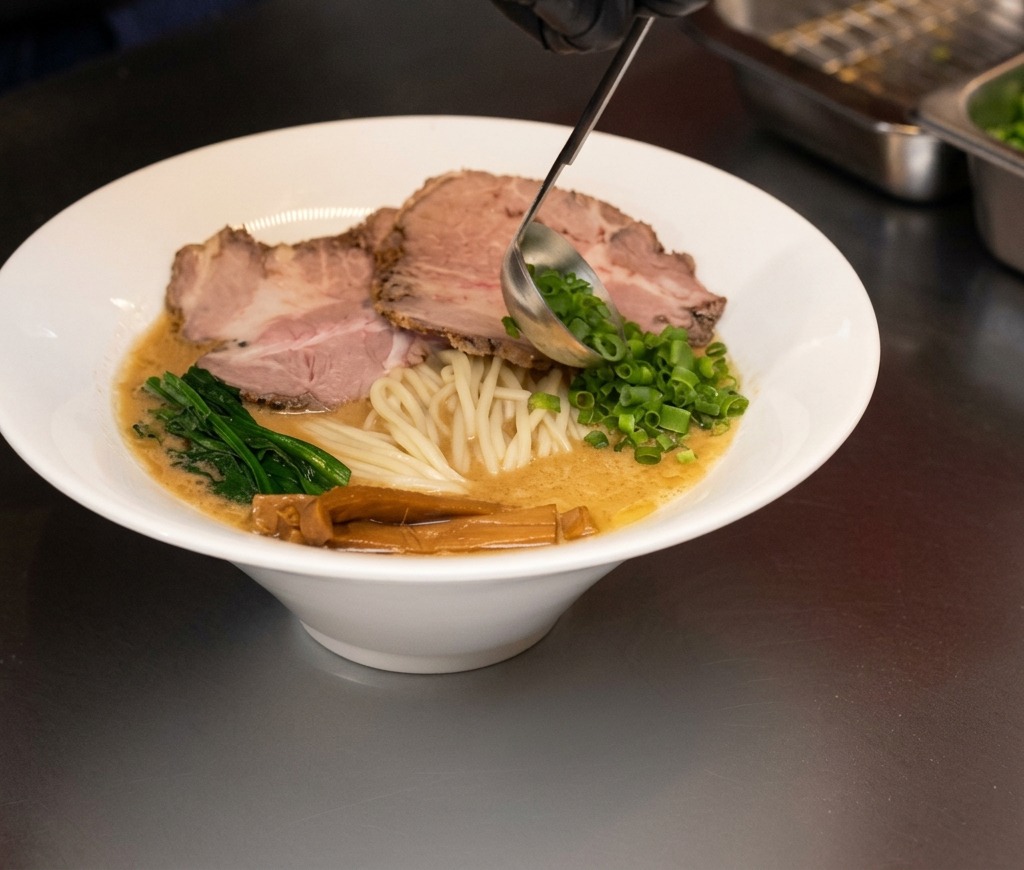 Un cucchiaio che versa cipollotti verdi tritati in una ciotola di ramen al miso.