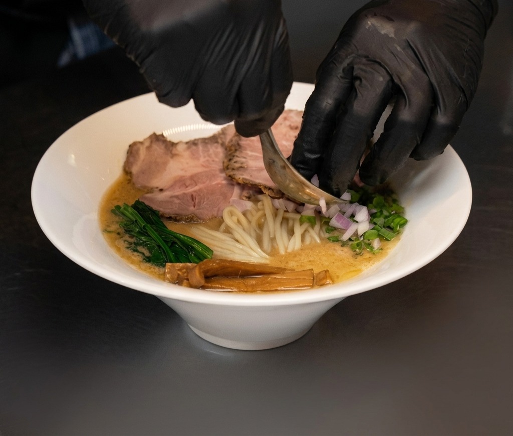 Cipolla rossa a dadini fini versata con un cucchiaio in una ciotola di ramen già guarnita.