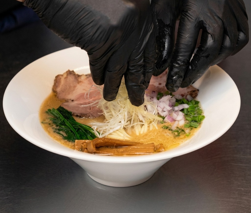 Mani che posizionano un ciuffo di porri tagliati sottili al centro di una ciotola di ramen completa.