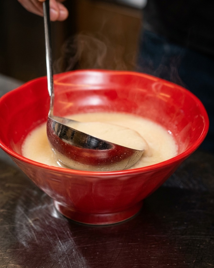 Brodo cremoso di ossa di maiale versato da un mestolo in acciaio in una ciotola rossa.