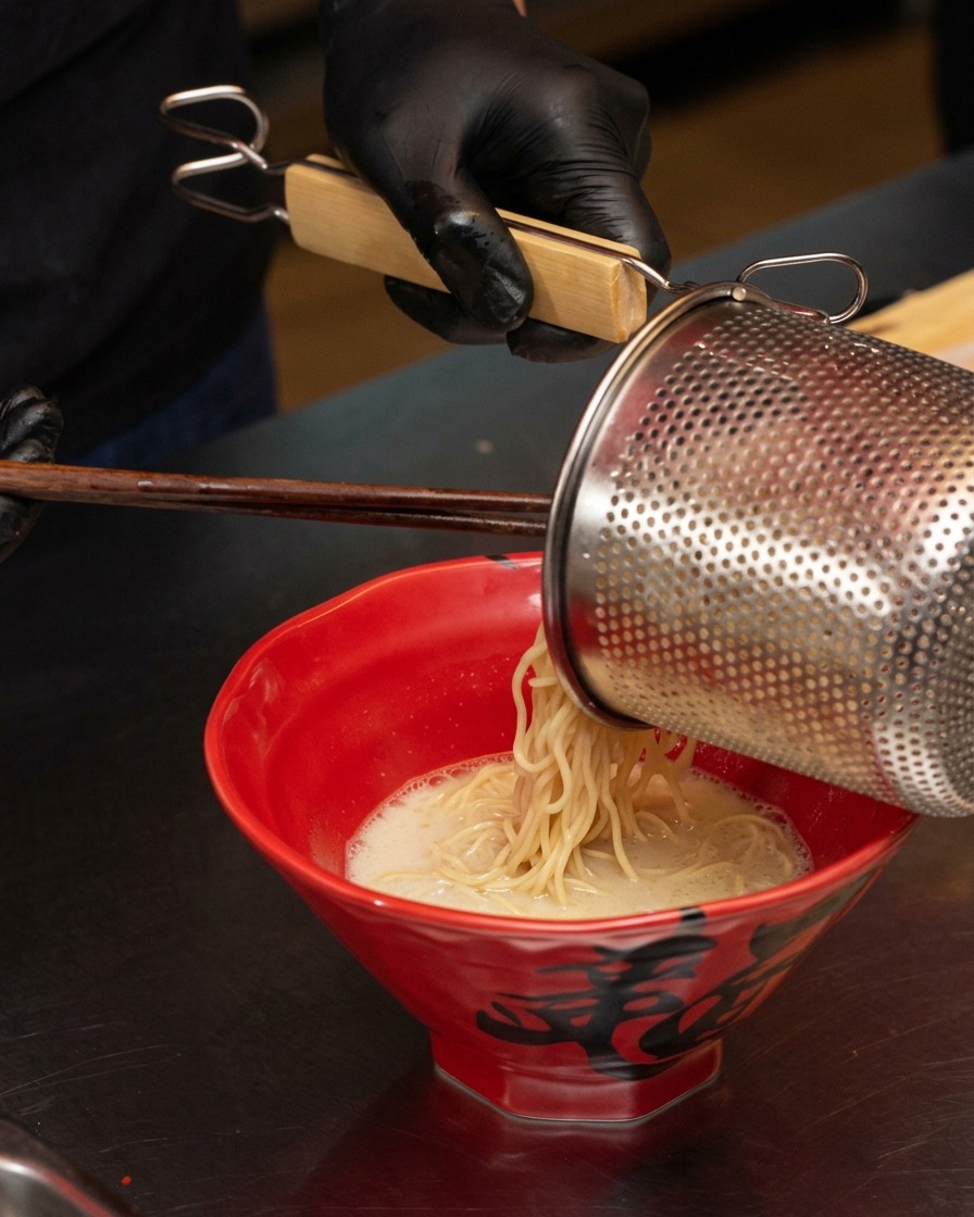 Noodles gialli per ramen trasferiti da un colino metallico in una ciotola di brodo caldo.
