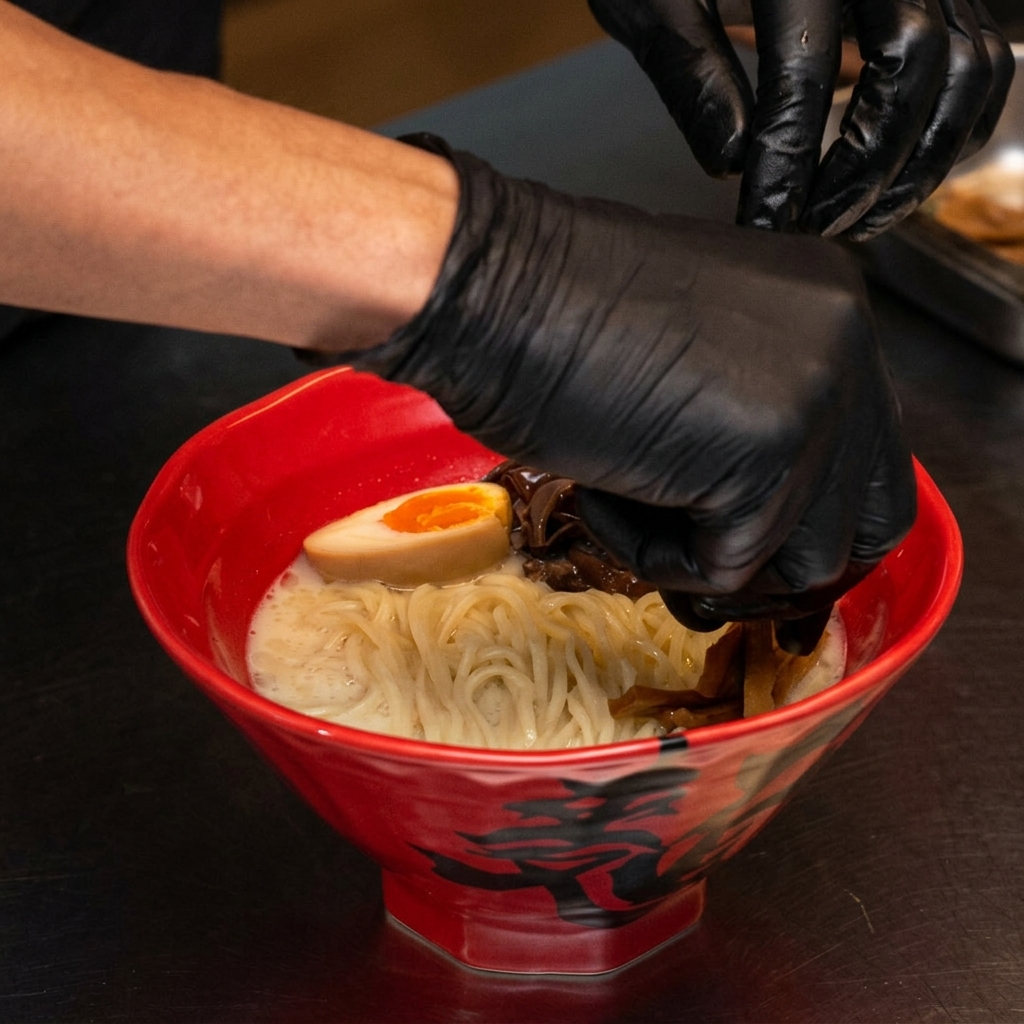 Mani che aggiungono germogli di bambù essiccati a una ciotola di ramen già guarnita.