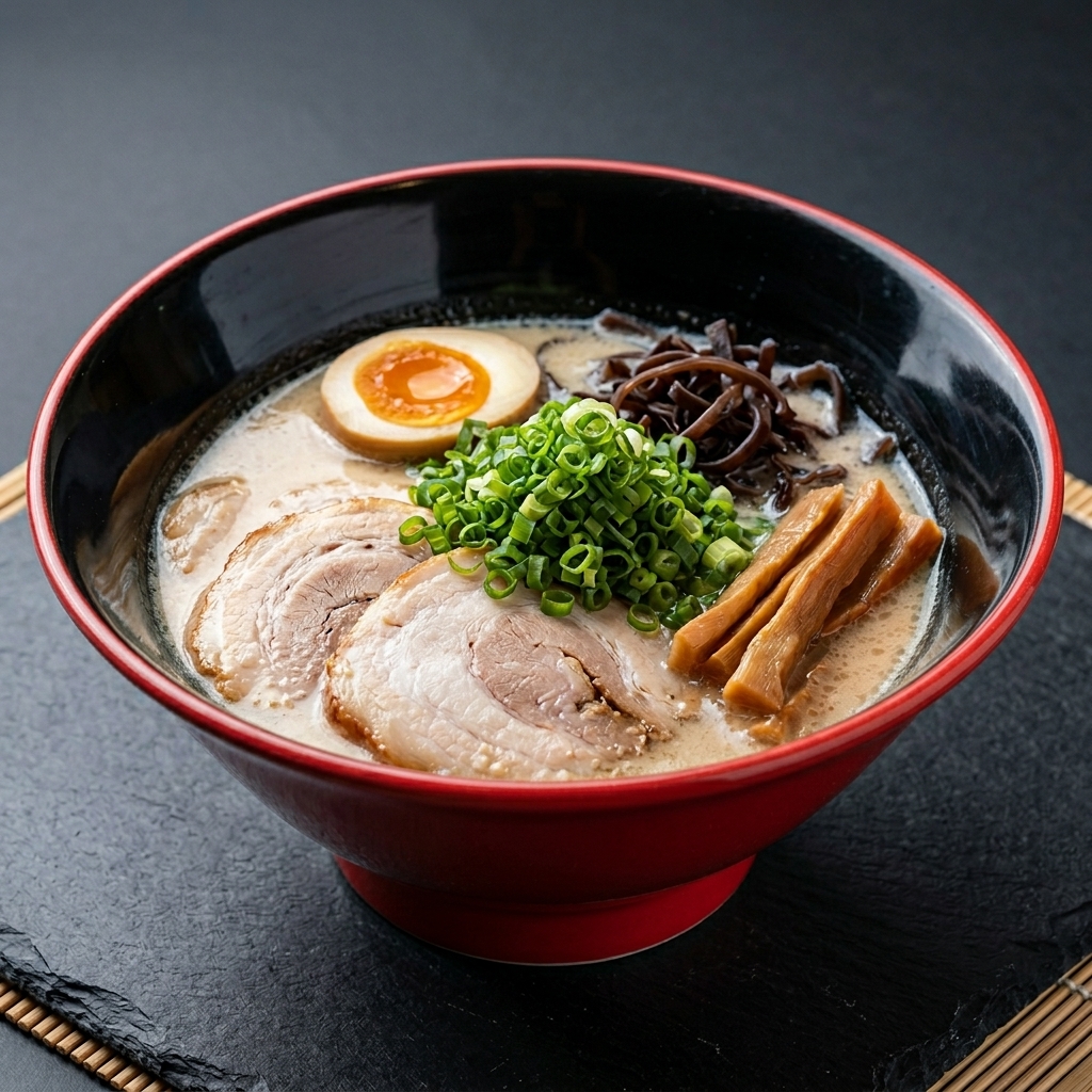 Una ciotola di miso ramen con una generosa manciata di cipollotto fresco tritato al centro.