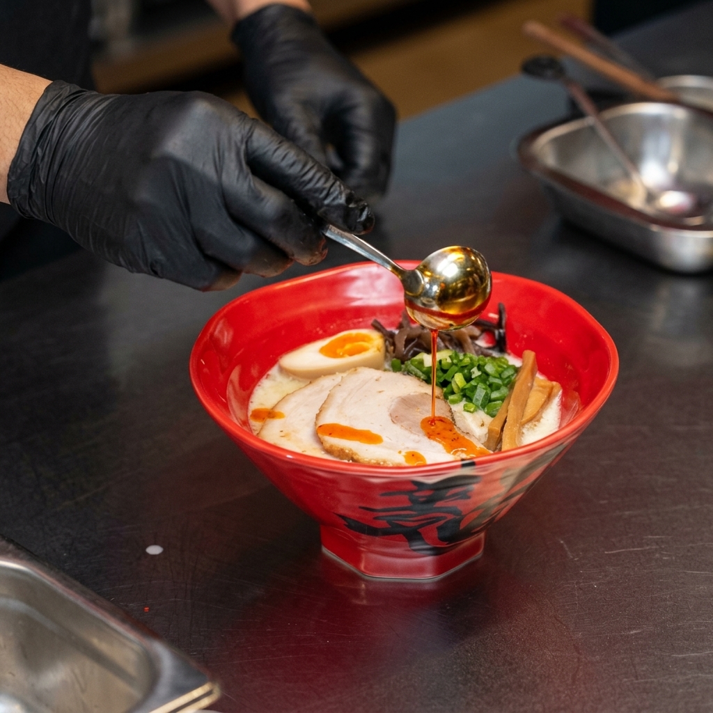 Olio rosso piccante versato da un piccolo mestolo sopra una ciotola di ramen.