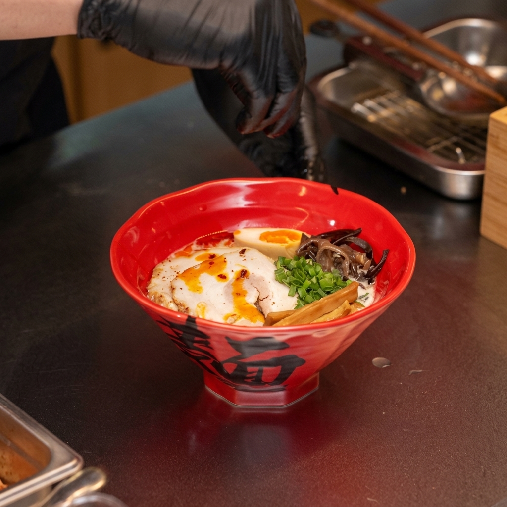 Dita che spolverano peperoncino rosso sopra una ciotola di ramen finita.