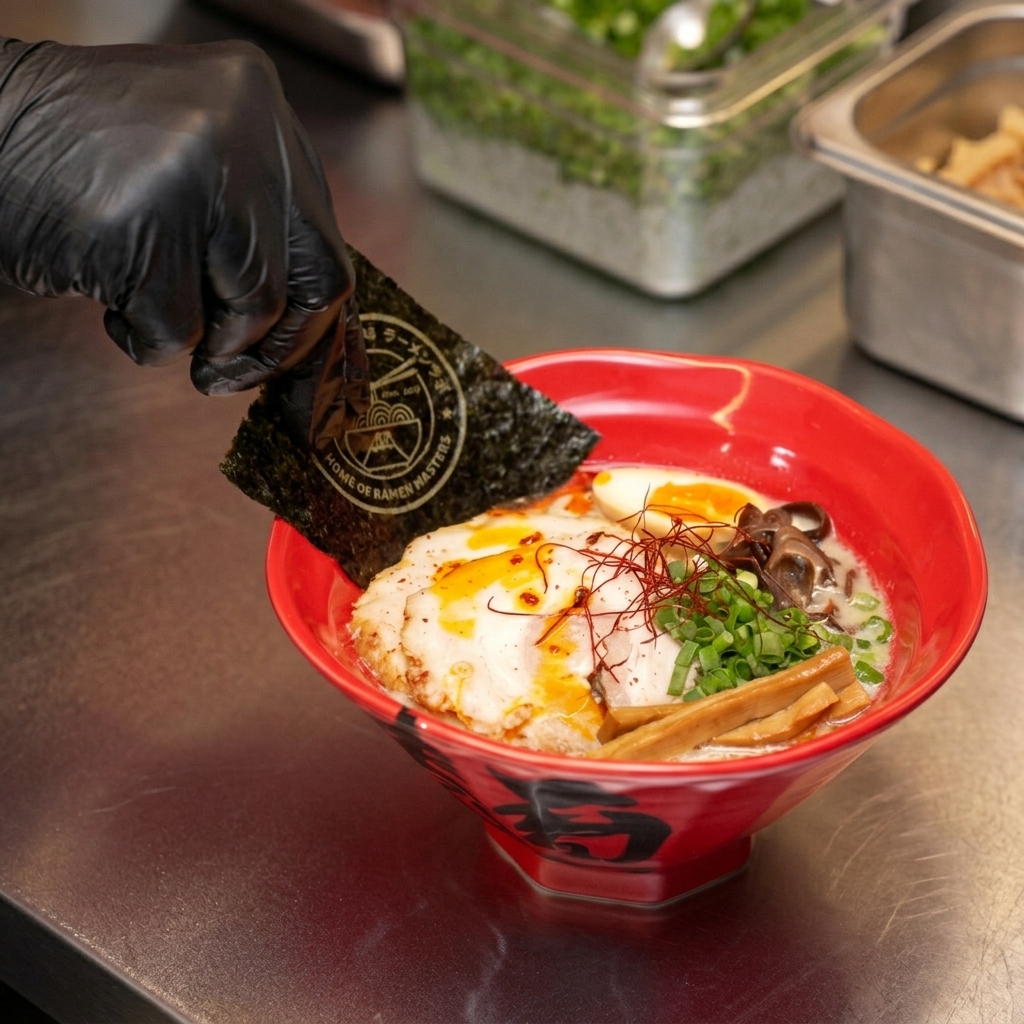 Mano che infila un foglio quadrato di alga nori nel bordo di una ciotola rossa di ramen.